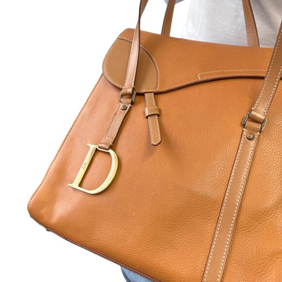Christian Dior Vintage 2002 Logo Saddle Shoulder Tote Bag Camel Gold [106215] - Picture 4 of 15